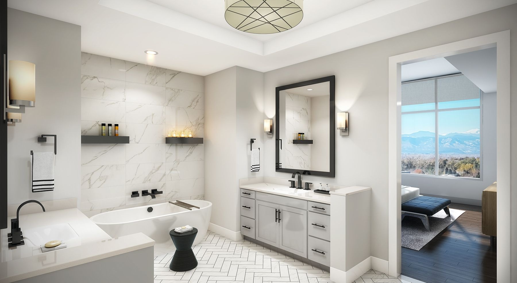 Bright and generous sized bathroom with luxe finishes and a deep garden tub
