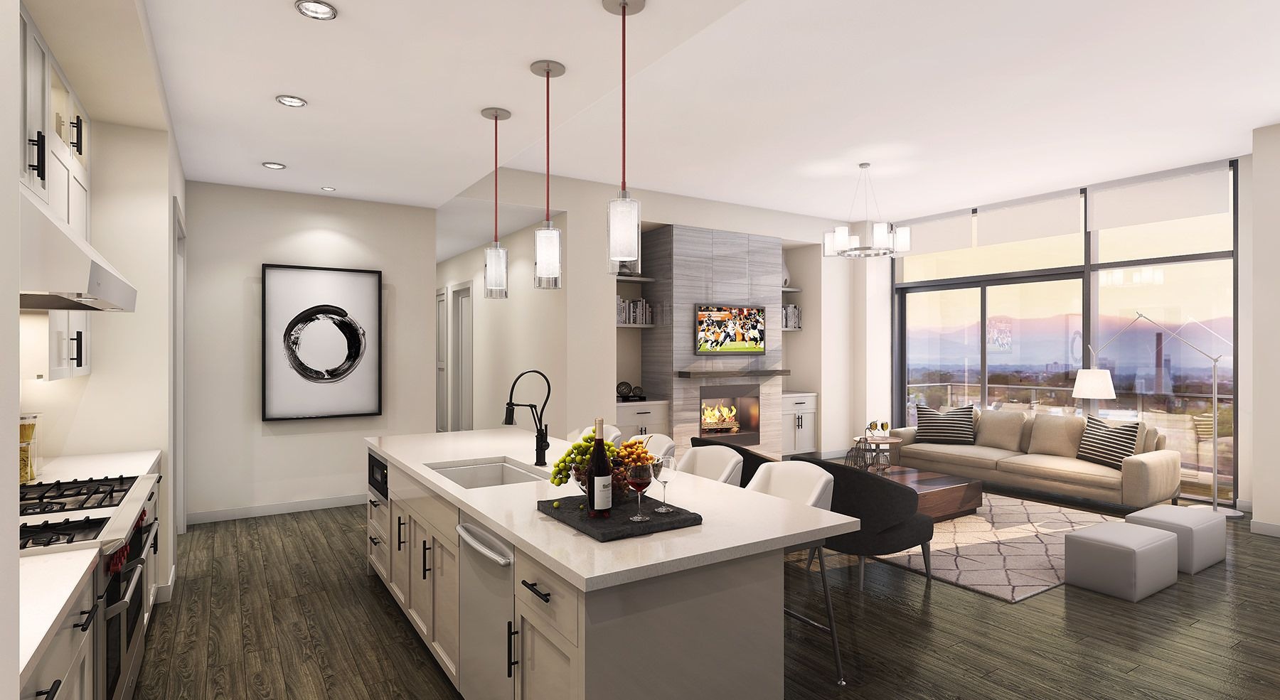 Open layout with kitchen leading into spacious living room with large windows overlooking the city