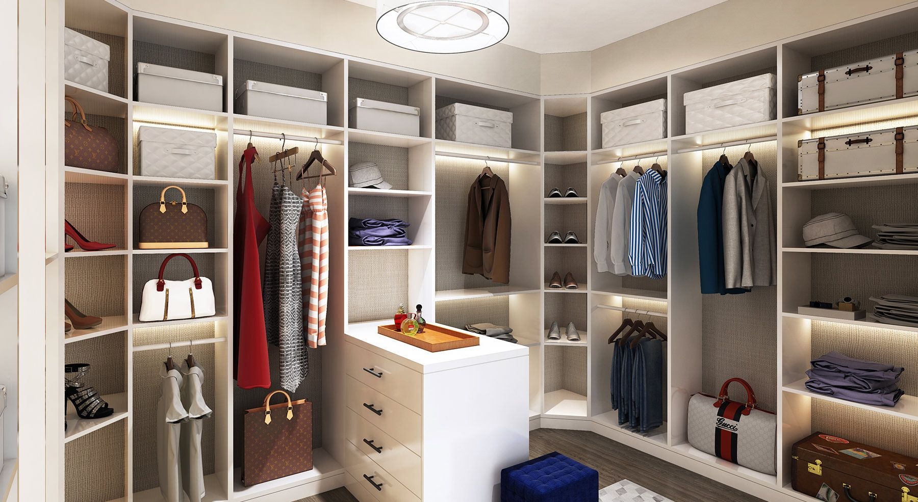 Large, open closet with lots of storage cubbies and drawers