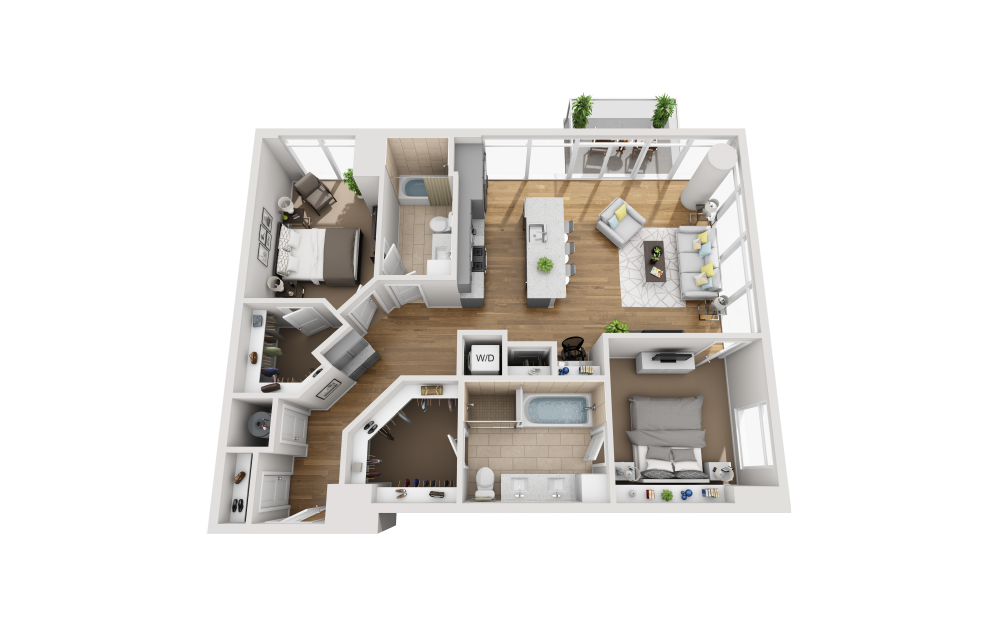 Alder - 2 bedroom floorplan layout with 2 baths and 916 square feet.